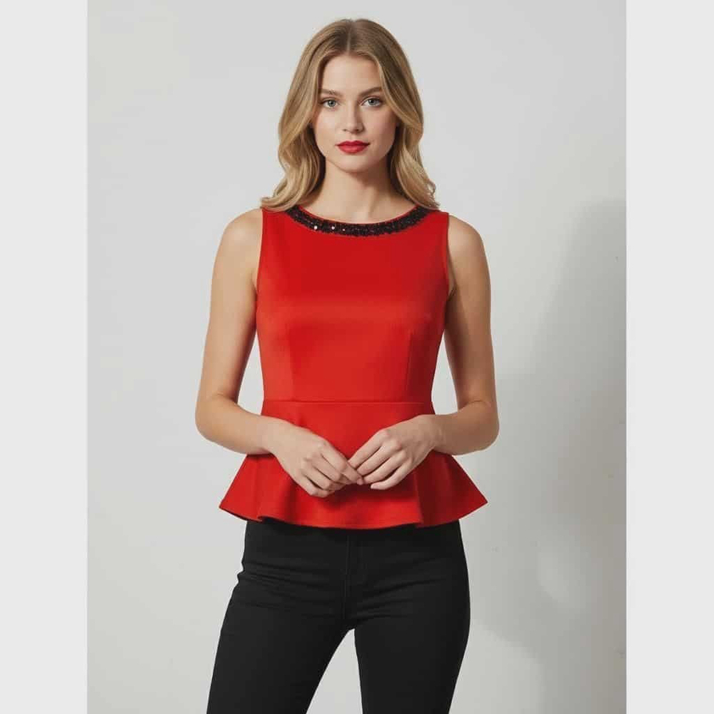 BISOU Bisou Red Holiday Embellished Neck Beaded Boat Neck Peplum Blouse XS